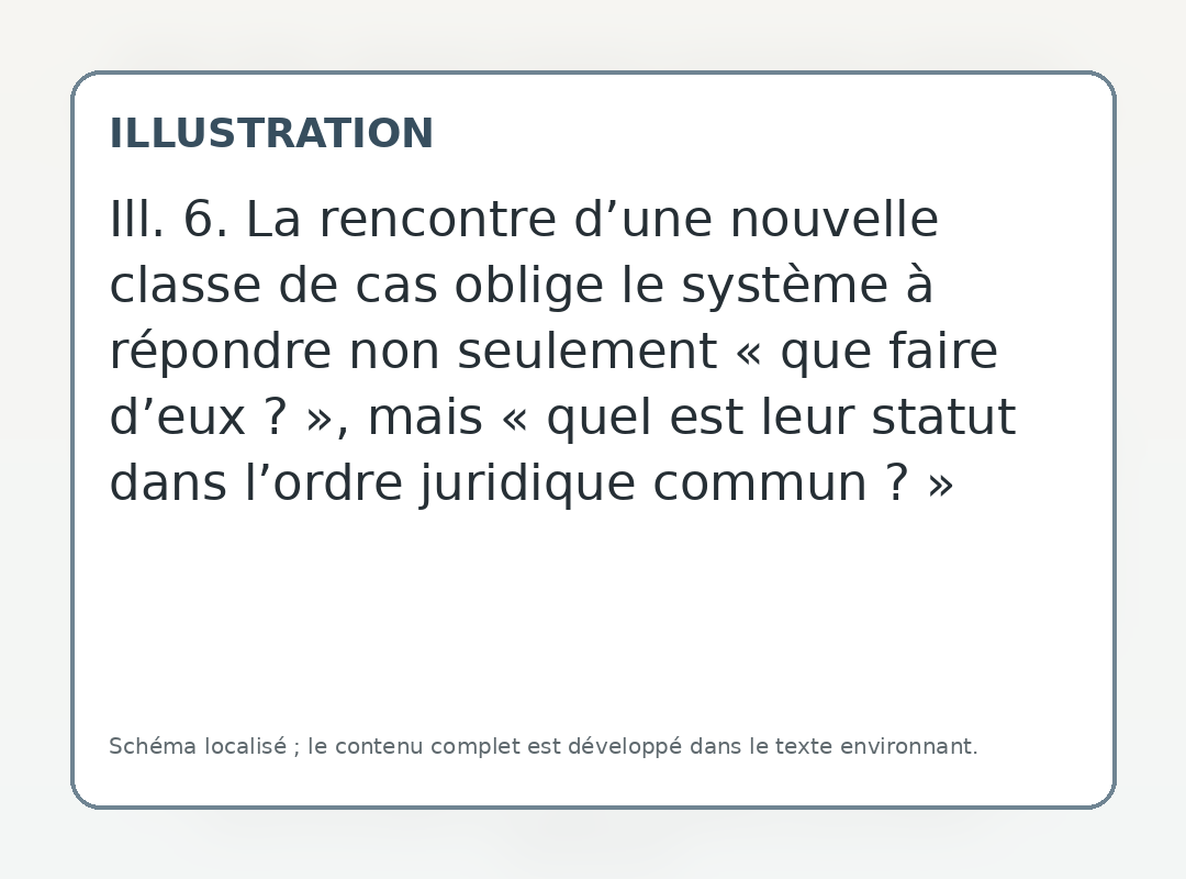 La rencontre d’une nouvelle classe de cas oblige le système à répondre non seulement « que faire d’eux ? », mais « quel est leur statut dans l’ordre juridique commun ? »