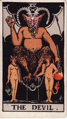 XV. Le Diable — Capricorne. Tarot Rider–Waite, 1909