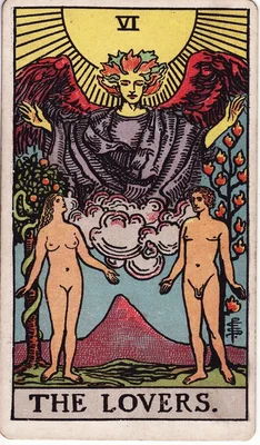 VI. Les Amoureux — Gémeaux. Tarot Rider–Waite, 1909