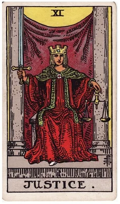 XI. Justice — Balance. Tarot Rider–Waite, 1909