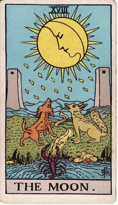 XVIII. La Lune — Poissons. Tarot Rider–Waite, 1909